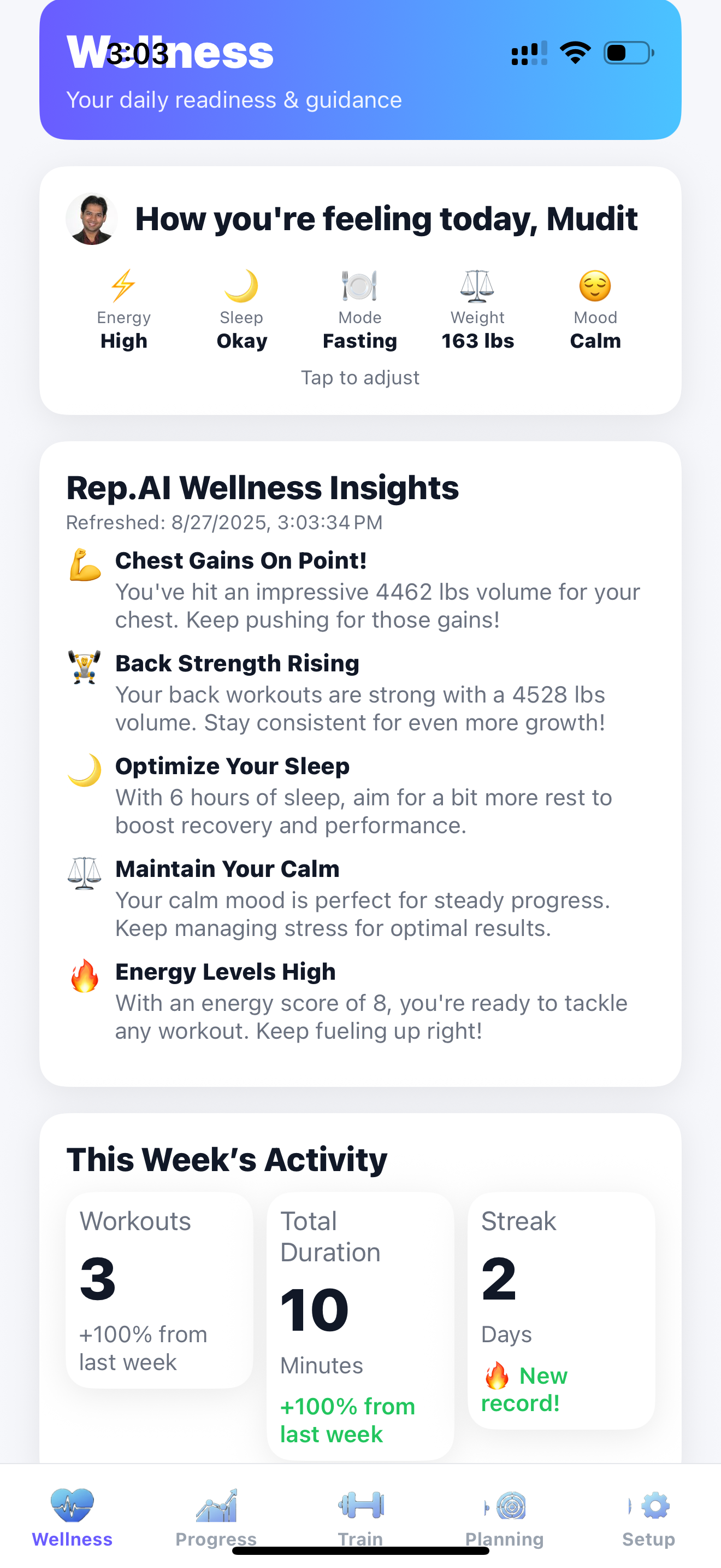Daily Wellness Insights screen