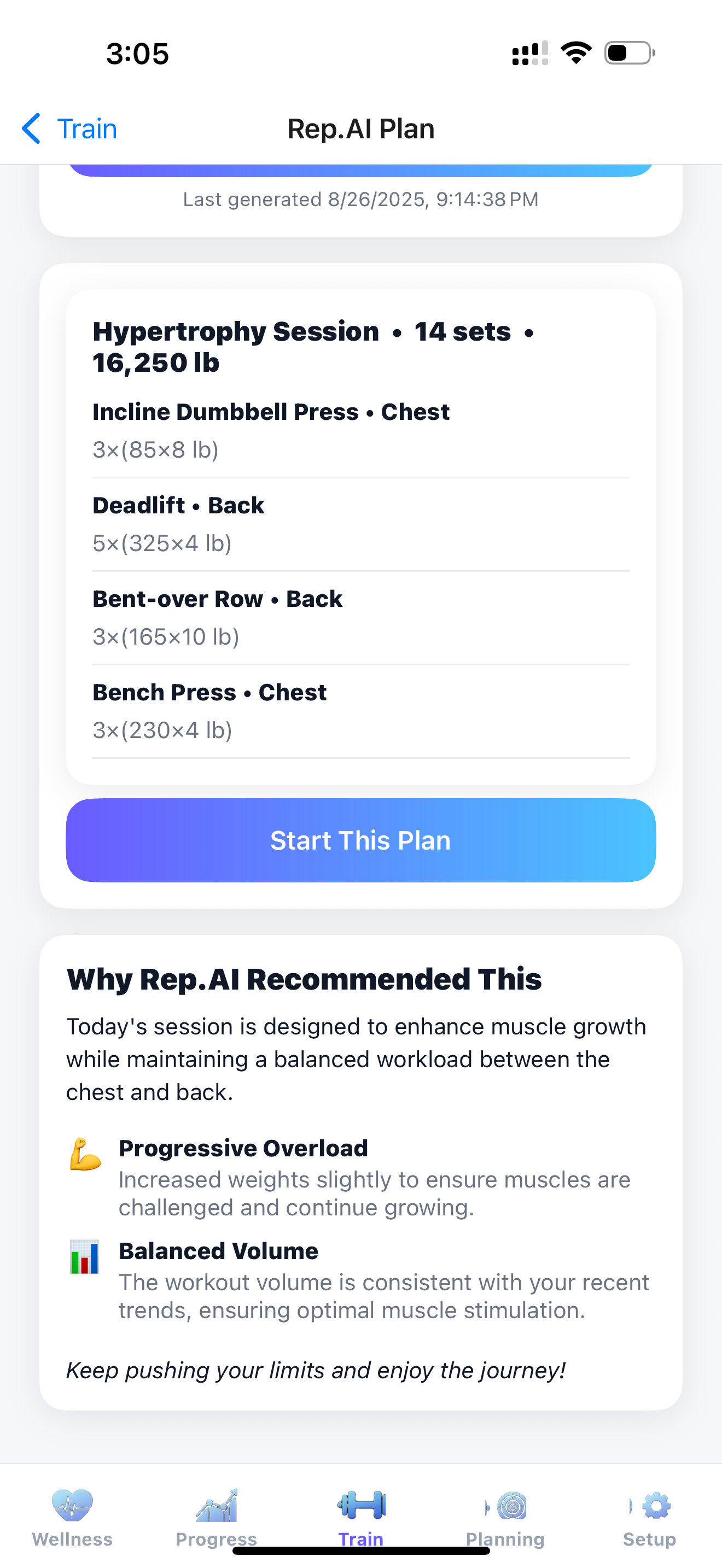 Workout Plan screen