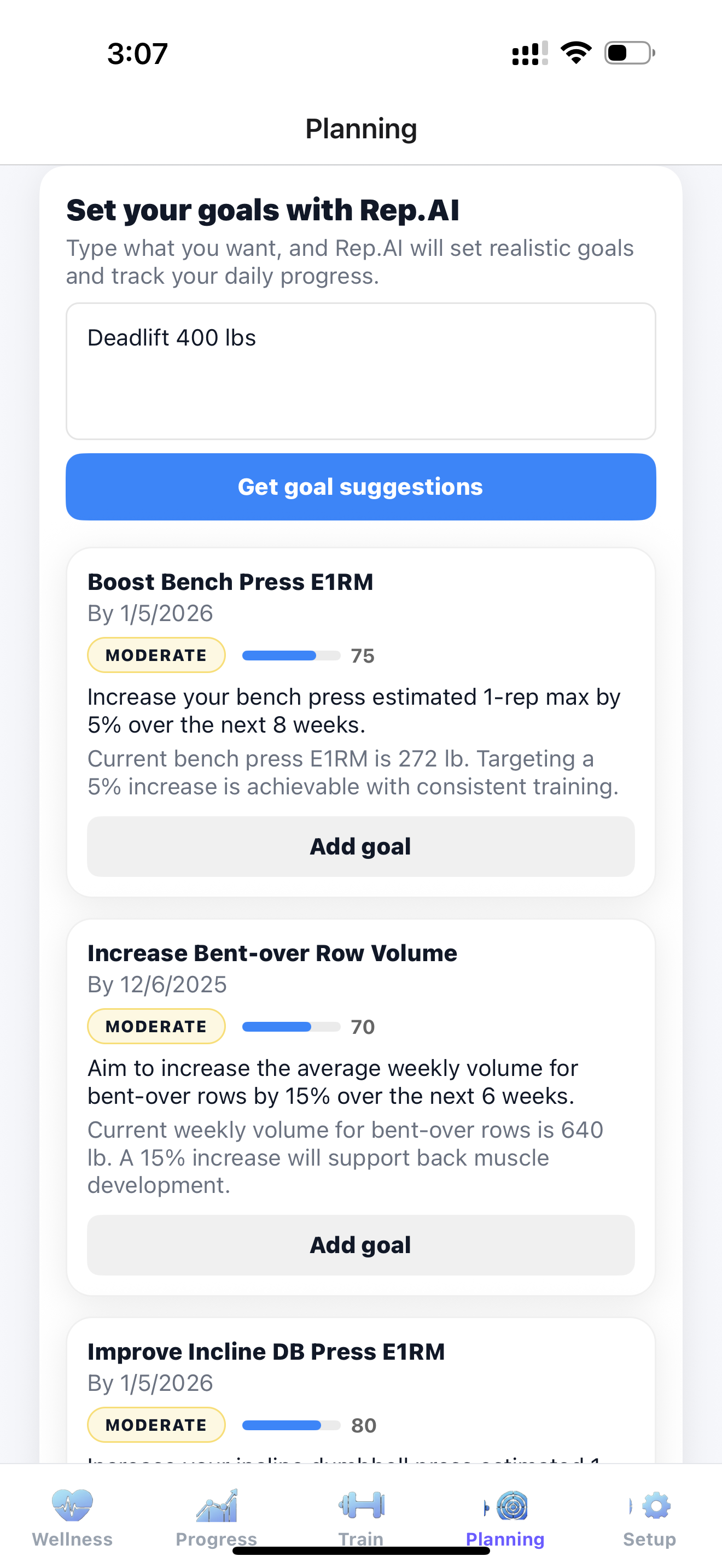 Goal Setting screen